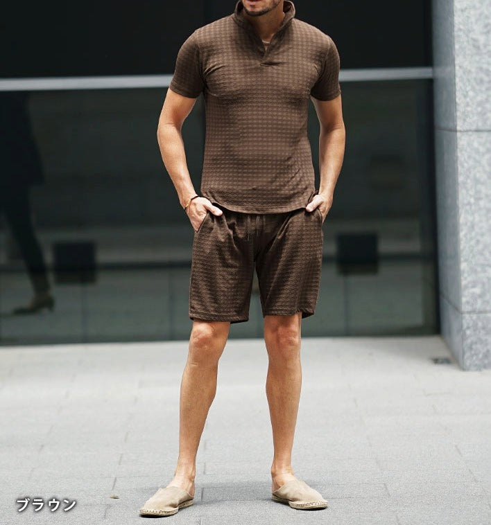 【リゾート気分を上品に纏う】ふくれダイヤ柄 スキッパーポロ＆ハーフパンツ セットアップ  【2026年夏・大人のリゾートスタイル決定版】