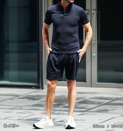 【リゾート気分を上品に纏う】ふくれダイヤ柄 スキッパーポロ＆ハーフパンツ セットアップ  【2026年夏・大人のリゾートスタイル決定版】