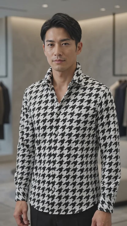 Italian Collar Houndstooth Long Sleeve & Three-Quarter Sleeve Shirt