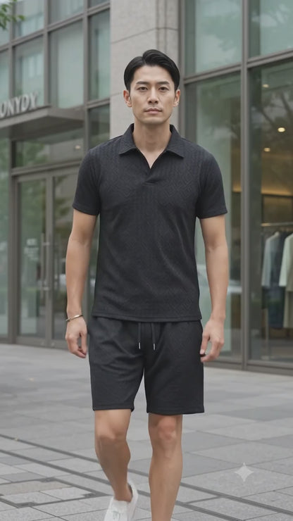 【リゾート気分を上品に纏う】ふくれダイヤ柄 スキッパーポロ＆ハーフパンツ セットアップ  【2026年夏・大人のリゾートスタイル決定版】