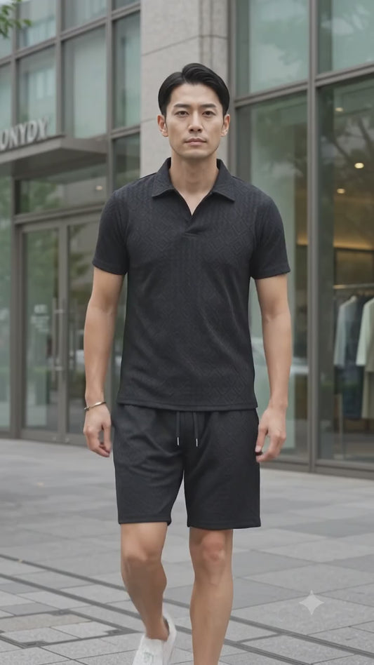 【リゾート気分を上品に纏う】ふくれダイヤ柄 スキッパーポロ＆ハーフパンツ セットアップ  【2026年夏・大人のリゾートスタイル決定版】