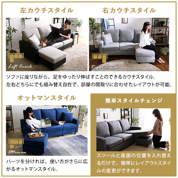 3人掛け カウチ ソファ【Wismon -ウィスモン-】レイアウト自在！（ポケットコイル入り　選べる８色）RK3P
